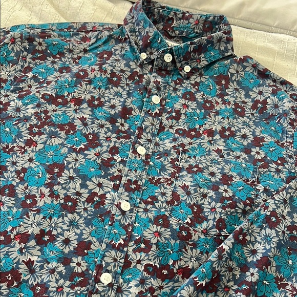Floral Patterned Blue and Maroon Men's Shirt - Picture 2 of 2
